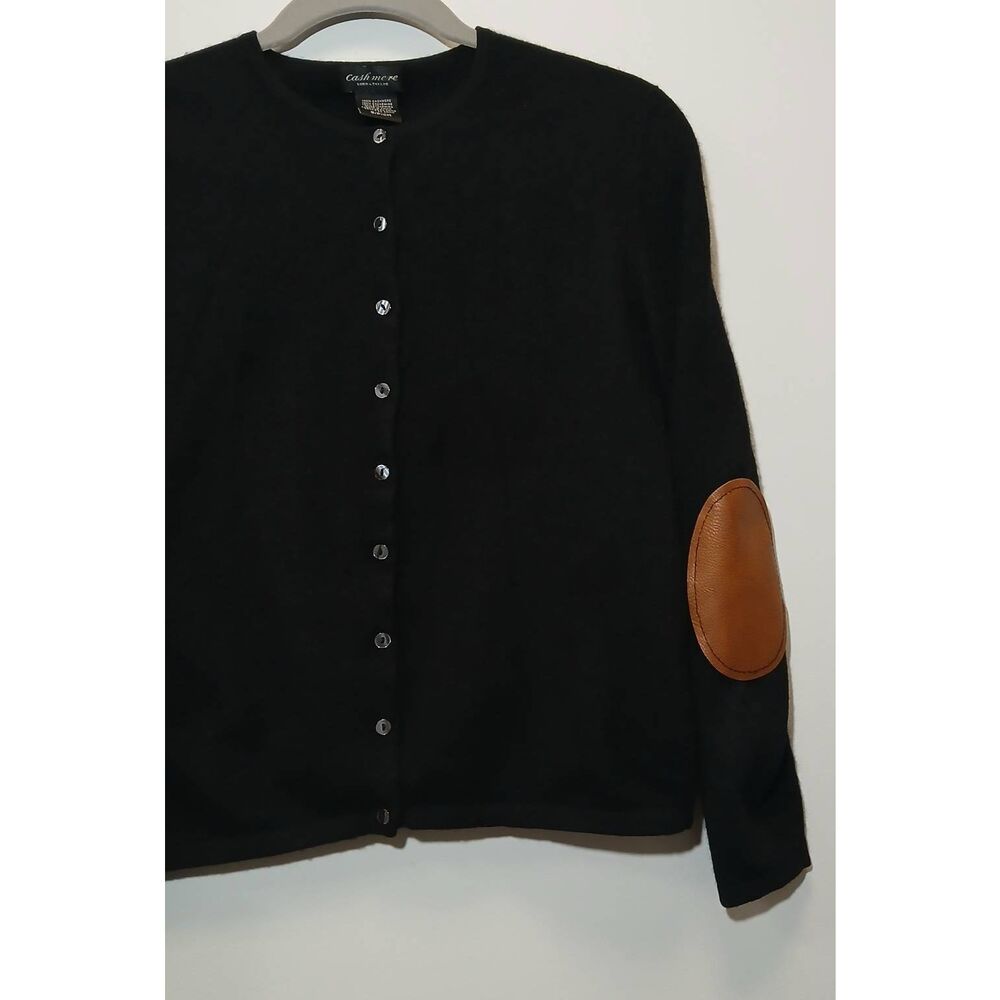 Lord Taylor womens small sweater 100% cashmere cardigan black leather patches - Picture 2 of 9